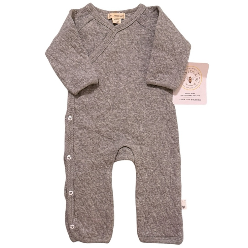 Burt’s Bees Baby Preemie Organic Cotton Gray Snap Romper NWT